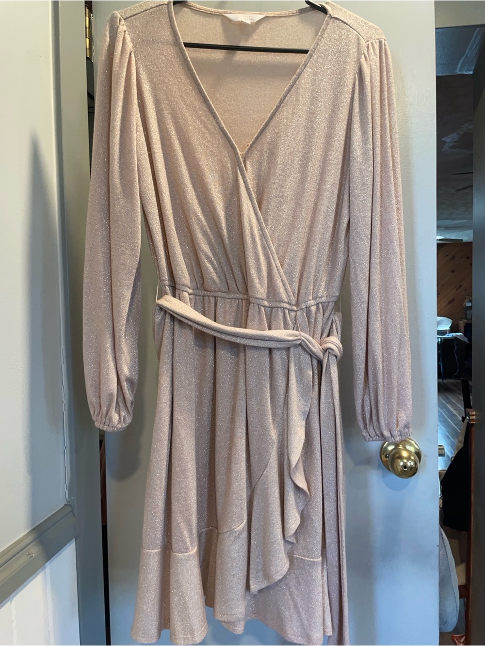 Lauren Conrad Shimmery Wrap-Front Long Sleeve Dress in Blush size M